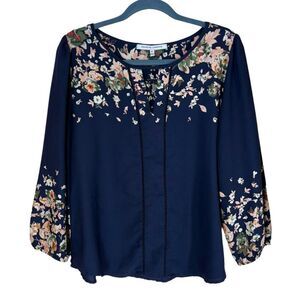Collective Concepts Romantic Floral Blouse Bishop Sleeve Cutout Trim Navy Blue M